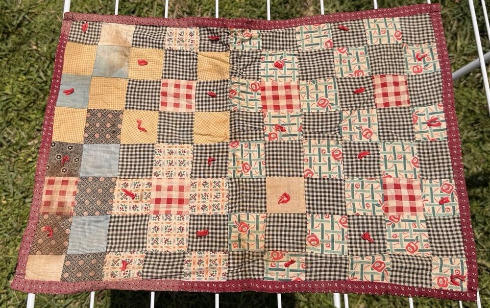 Early 1900s Antique Patchwork Doll Quilt 19x13 Handmade Primitive Red Calico